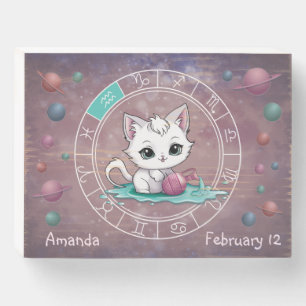 Zodiac Aquarius Cute Cat Wheel Astrology Wooden Box Sign