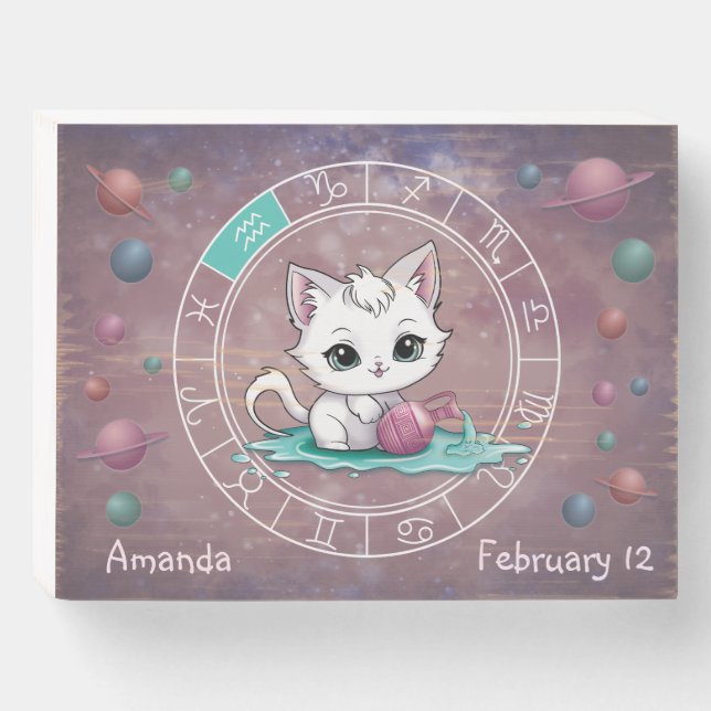 Zodiac Aquarius Cute Cat Wheel Astrology   Wooden Box Sign (Front Horizontal)