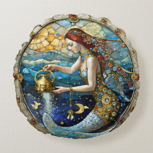 Zodiac - Aquarius The Water Bearer Mermaid Round Pillow