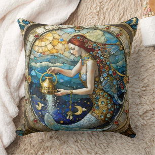 Zodiac - Aquarius The Water Bearer Mermaid Throw Pillow