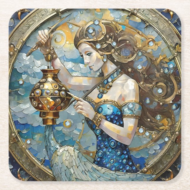 Zodiac - Aquarius The Water Bearer Square Paper Coaster (Front)