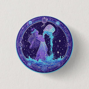 Zodiac Aquarius with Stars and Mystical Symbols Button