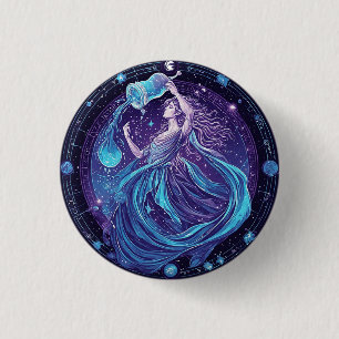 Zodiac Aquarius with Stars and Mystical Symbols Button