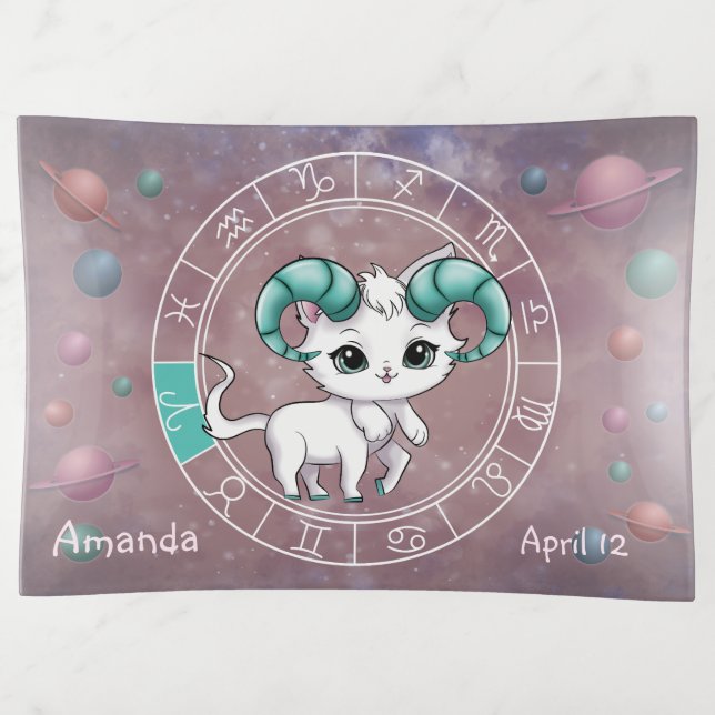 Zodiac Aries Cute Cat Wheel Planet Astrology Trinket Tray (Front)