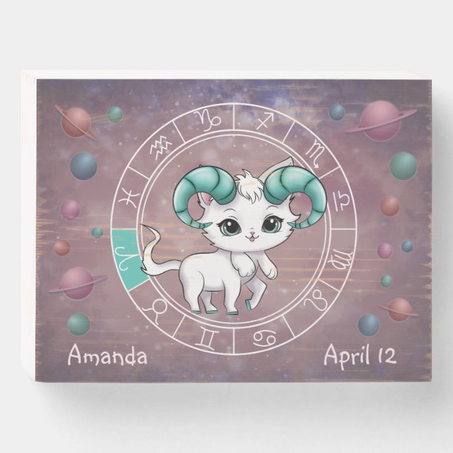 Zodiac Aries Cute Cat Wheel Planet Astrology   Wooden Box Sign (Front Horizontal)