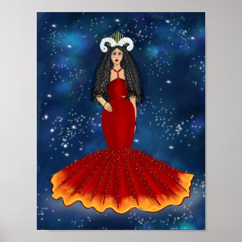 Zodiac Aries Goddess in Blue Celestial  Poster