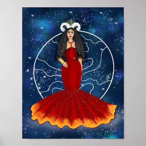 Zodiac Aries Goddess with Planet Mars Celestial  Poster
