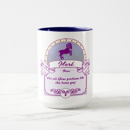 Zodiac Aries Purple Ribbon Frame Name Mug