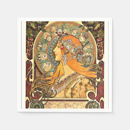 Zodiac Art Nouveau painting by Alphonse Mucha Napkins