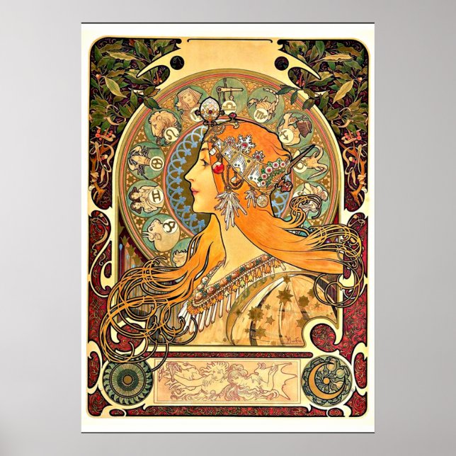 Zodiac, Art Nouveau painting by Alphonse Mucha Poster (Front)