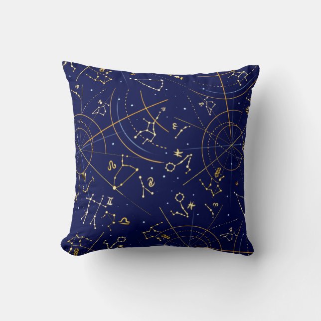 Zodiac Astrologers Star Map Décor Blue Gold Pillow (Front)