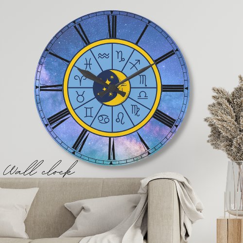 Zodiac astrology celestial blue roman numerals large clock