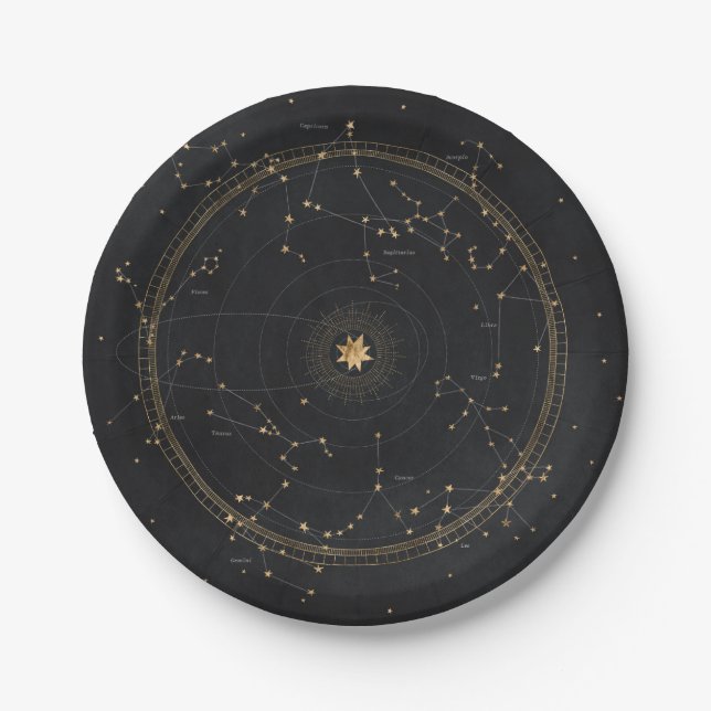 Zodiac astrology star map black gold  paper plates (Front)