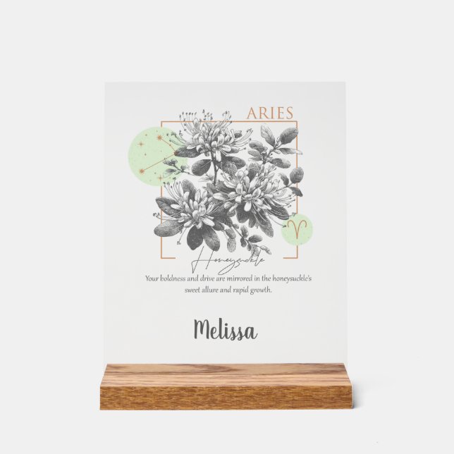 Zodiac Birth Flower Art Personalized Aries Gift Acrylic Sign (Front)