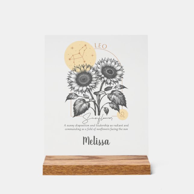 Zodiac Birth Flower Art Personalized Leo Gift Acrylic Sign (Front)