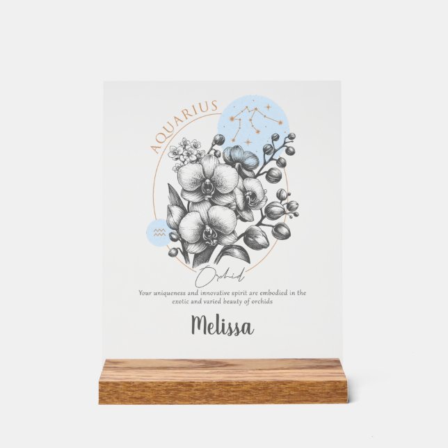 Zodiac Birth Flower Personalized Aquarius Gift Acrylic Sign (Front)