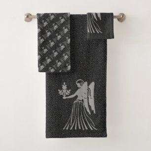 Zodiac Black and Gray Angel Star Sign Virgo Bath Towel Set