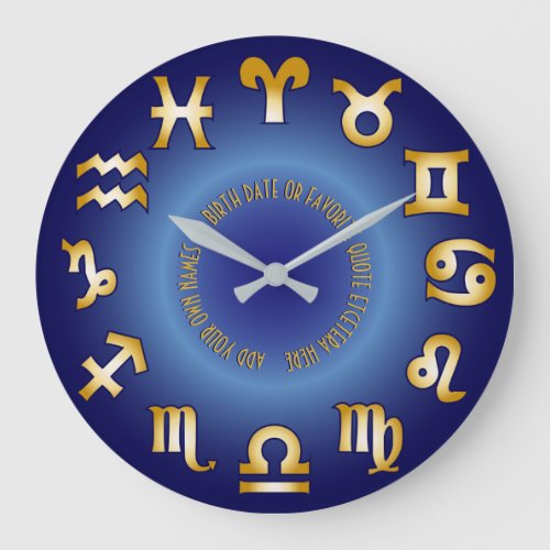 Zodiac Blue Gold Monogram Add Your Own Text Date Large Clock