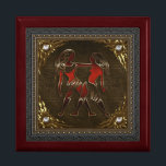 Zodiac Box - Gemini<br><div class="desc">We are proud to offer this high quality mahogany keepsake box featuring the third sign of the Zodiac: Gemini. This magnificent symbol is depicted with carved gold and embossed jeweled red lacquer against a leather background. The four suns struck in gold represent the totality of the seasons, each depicts an...</div>