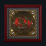 Zodiac Box - Pisces<br><div class="desc">We are proud to offer this high quality mahogany keepsake box featuring the twelfth sign of the Zodiac: Pisces. This magnificent symbol is depicted with carved gold and embossed jeweled red lacquer against a leather background. The four suns struck in gold represent the totality of the seasons, each depicts an...</div>