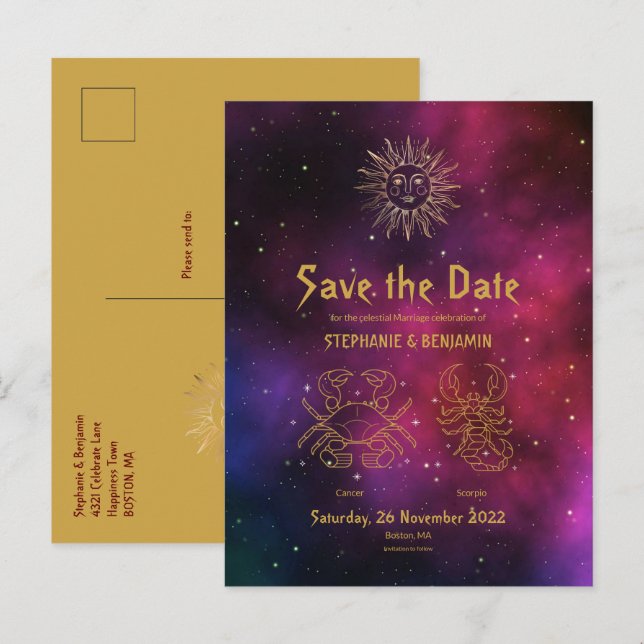 Zodiac Burgundy Cancer Scorpio Gold Save the Date Announcement Postcard (Front/Back)
