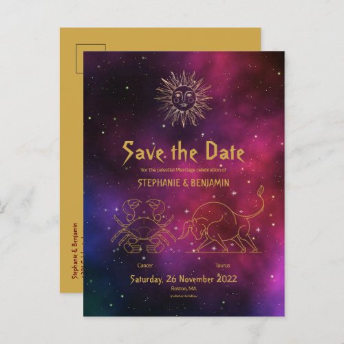 Zodiac Burgundy Cancer Taurus Gold Save the Date Announcement Postcard