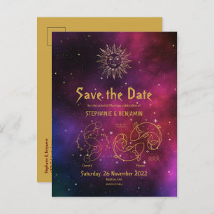 Zodiac Burgundy Gemini Pisces Gold Save the Date Announcement Postcard