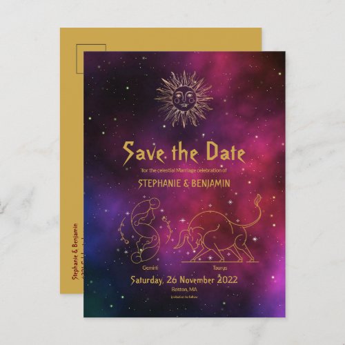 Zodiac Burgundy Gemini Taurus Gold Save the Date Announcement Postcard