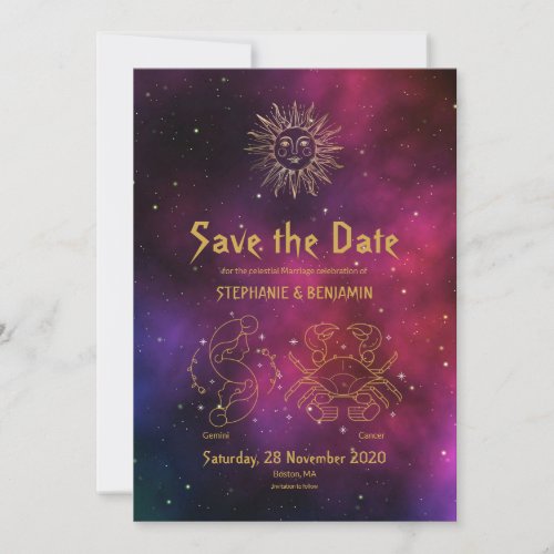 Zodiac Burgundy Gold GeminiCancer celestial Save The Date