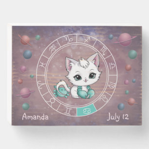 Zodiac Cancer Cute Cat Wheel Planet Astrology Wooden Box Sign