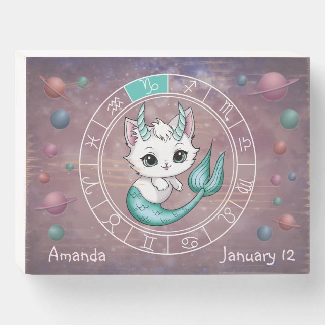 Zodiac Capricorn Cute Cat Wheel Planet Astrology   Wooden Box Sign (Front Horizontal)