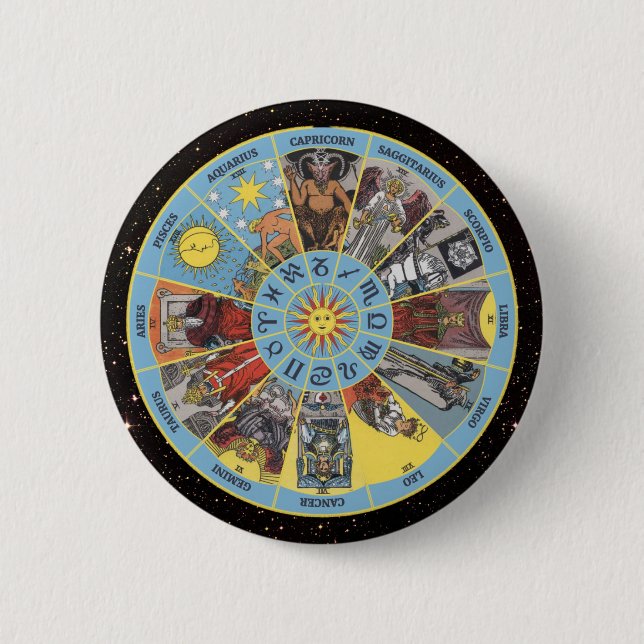Zodiac Circle w Astrological Symbols & Tarot Cards Button (Front)