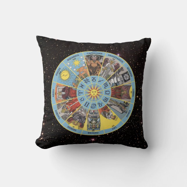 Zodiac Circle w Astrological Symbols & Tarot Cards Throw Pillow (Front)