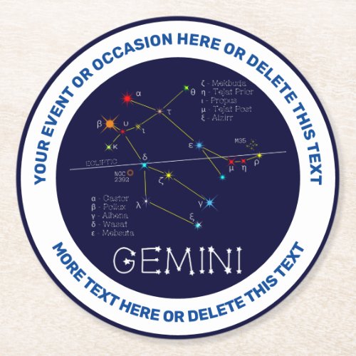 Zodiac Constellation Gemini Round Paper Coaster