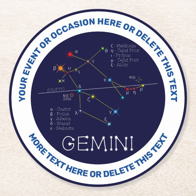 Zodiac Constellation Gemini Round Paper Coaster (Front)