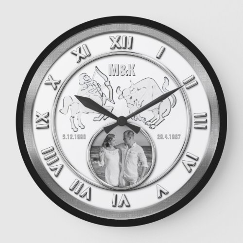 Zodiac Couple Photo Wedding Monogram Your Signs Large Clock