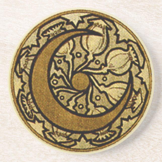 Zodiac Crescent Moon Mucha  Sandstone Coaster (Front)