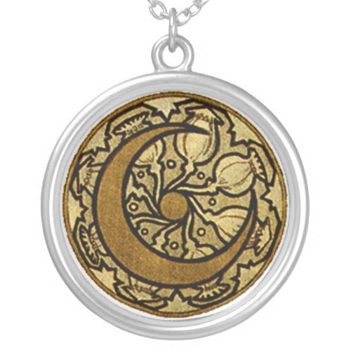 Zodiac Crescent Moon Mucha  Silver Plated Necklace