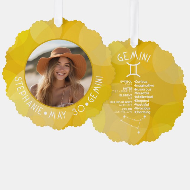 Zodiac Gemini Custom Birthday Photo Astrology Ornament Card (Front/Back)