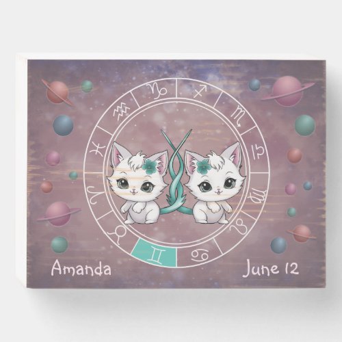 Zodiac Gemini Cute Cat Wheel Planet Astrology   Wooden Box Sign