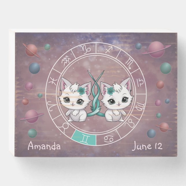 Zodiac Gemini Cute Cat Wheel Planet Astrology   Wooden Box Sign (Front Horizontal)