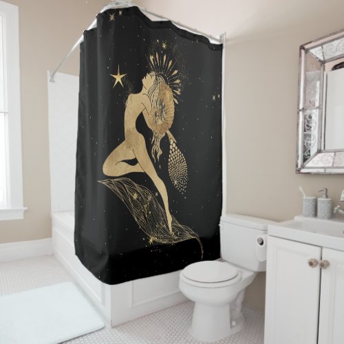 Zodiac Goddess  Cosmic Gold Aries Astrology Shower Curtain