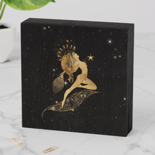 Zodiac Goddess  Cosmic Gold Aries Astrology Wooden Box Sign