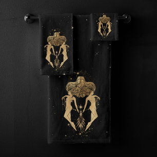 Zodiac Goddess Cosmic Gold Gemini Astrology Bath Towel Set