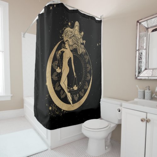 Zodiac Goddess  Cosmic Gold Libra Astrology Shower Curtain