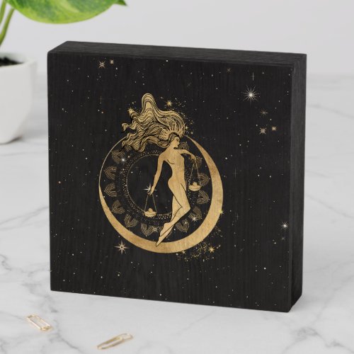Zodiac Goddess  Cosmic Gold Libra Astrology Wooden Box Sign