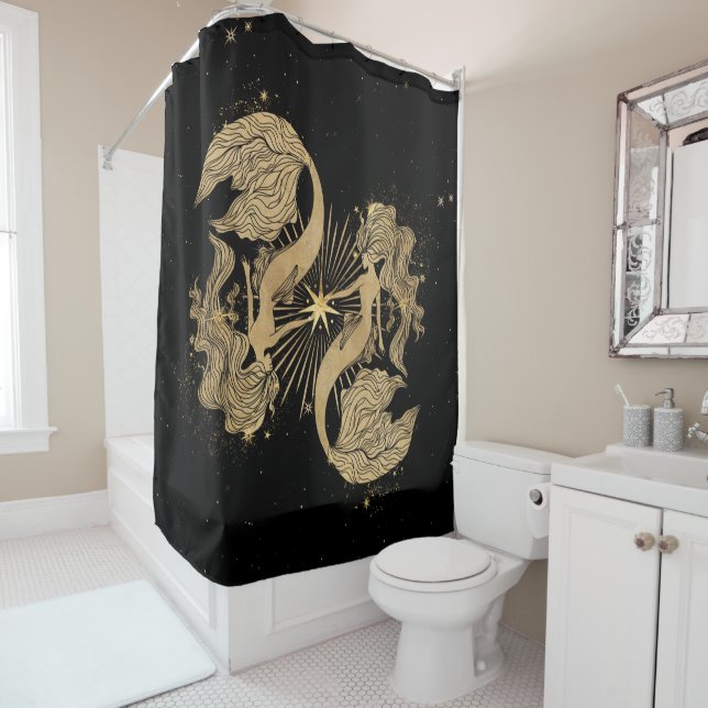 Zodiac Goddess | Cosmic Gold Pisces Astrology Shower Curtain (In Situ)