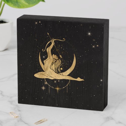 Zodiac Goddess  Cosmic Gold Sagittarius Astrology Wooden Box Sign