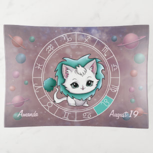 Zodiac Leo Cute Cat, Wheel, Planets, Astrology Trinket Tray