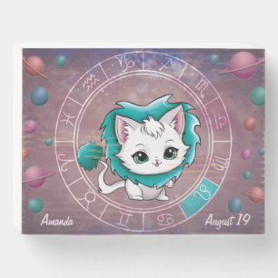Zodiac Leo Cute Cat, Wheel, Planets, Astrology Wooden Box Sign